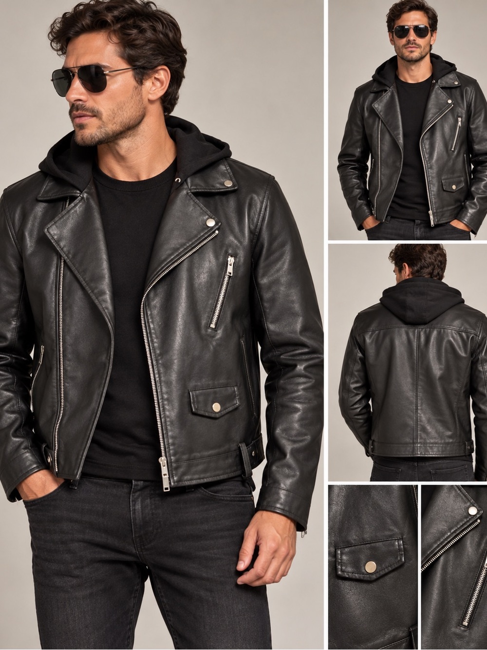 Black Leather Biker Jacket with Removable Hood